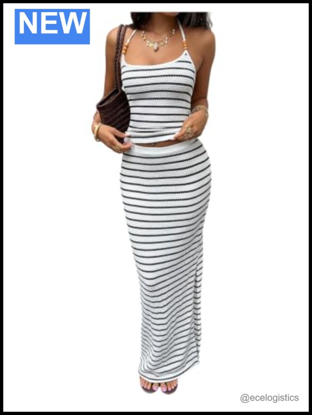 Women's 2 Piece Striped Halter Crop Top Maxi Skirt Set Medium Stretch